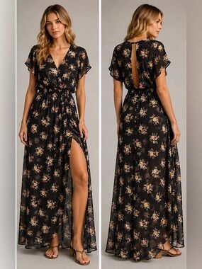 Black Sheer Floral Maxi Duster & Swim Coverup M Whimsigoth Resort Wear Romantic